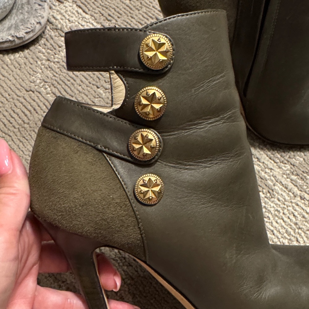 Jimmy Choo Dark Olive Heeled Boots with Gold Buttons - Picture 2 of 8